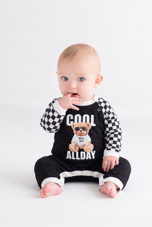 Baby Boys Black Cool Teddy Bear Long Sleeve Romper