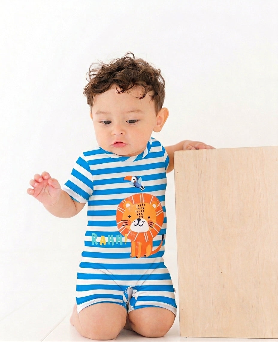 Baby Boy Cartoon Lion Print Blue Striped Short-sleeve Romper