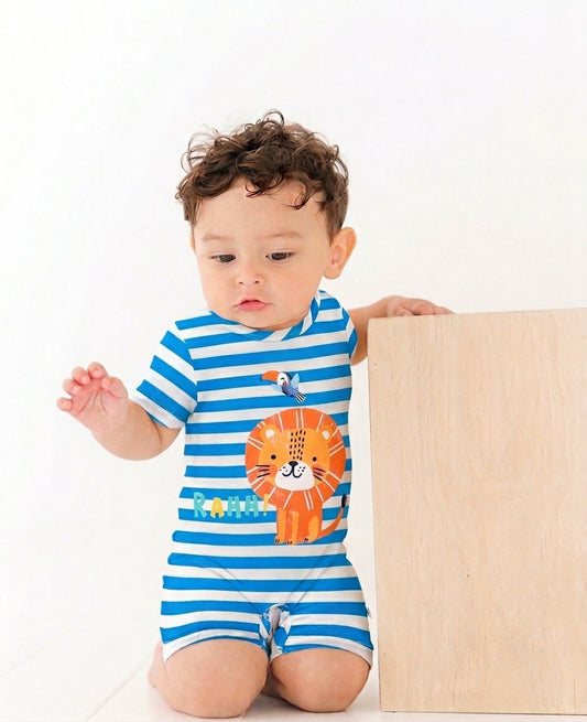 Baby Boy Cartoon Lion Print Blue Striped Short-sleeve Romper