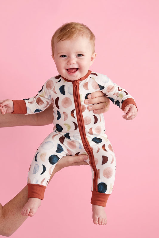 Organic Bamboo Zip Pajamas – Colorful Moon Print Sleepwear for Kids