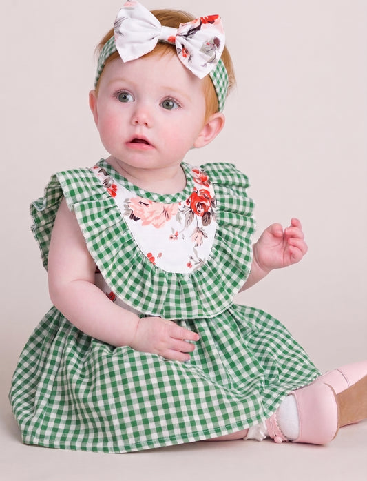 Baby Cotton Solid & Floral-print Spliced Lace Flutter-sleeve Romper with Headband Set