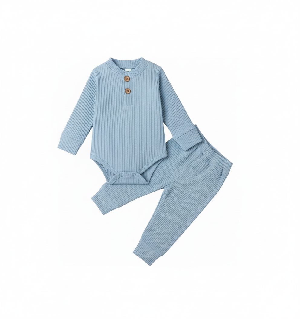Long Sleeve Solid Color 2 Piece set Light blue-S