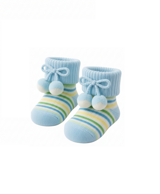 Soft Cotton Baby Bootie Socks with Pom-Pom Bow Blue