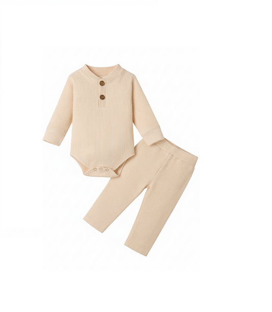 Long Sleeve Solid Color 2 Piece set Beige -S