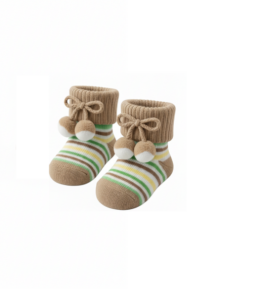 Soft Cotton Baby Bootie Socks with Pom-Pom Bow Brown