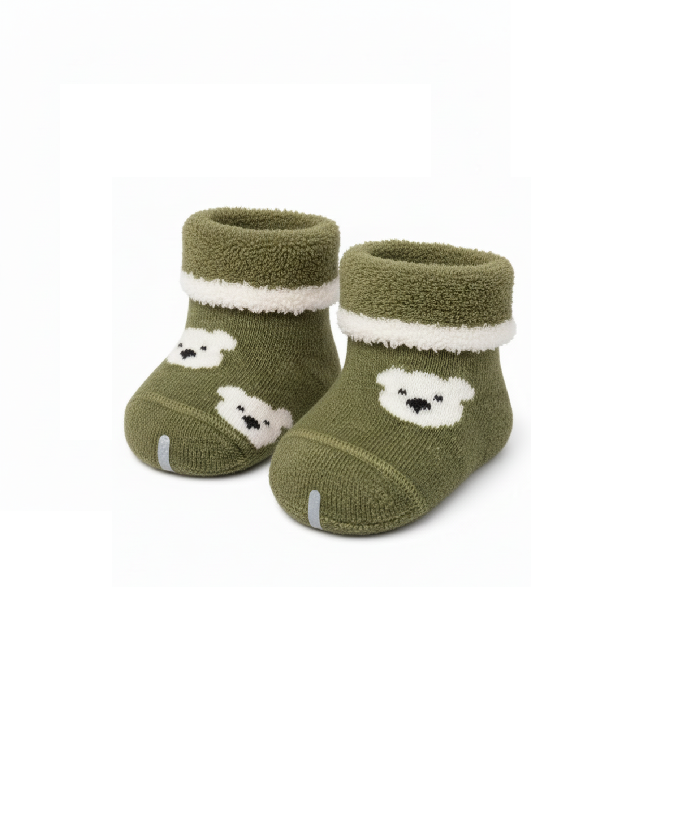 Warm Fleece Baby Socks with Cute Bear Design Olive Green