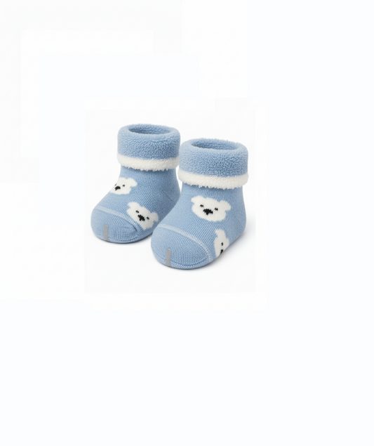 Warm Fleece Baby Socks with Cute Bear Design Light Blue