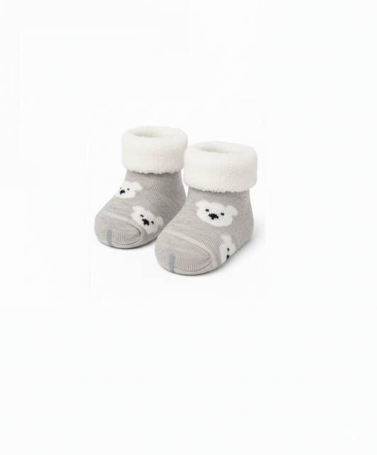 Warm Fleece Baby Socks with Cute Bear Design Grey