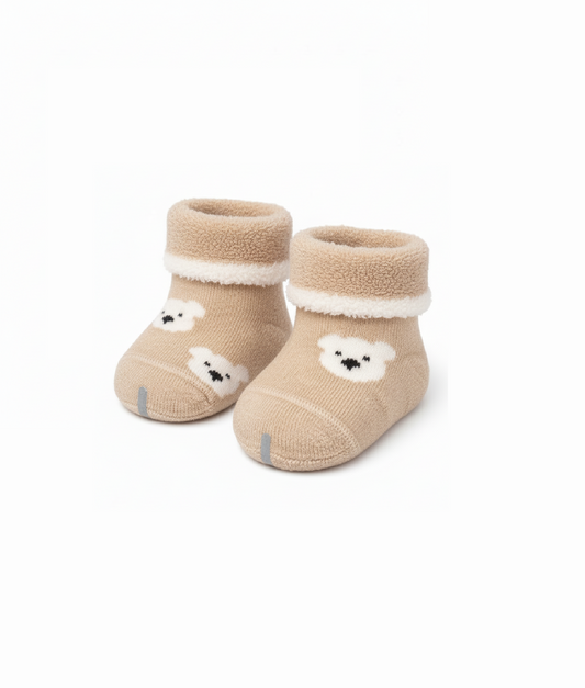 Warm Fleece Baby Socks with Cute Bear Design Beige