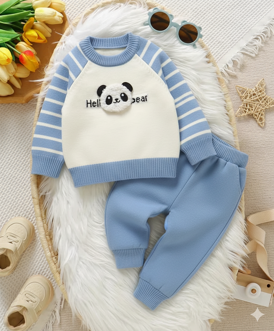 Panda Pattern Black Striped Long Sleeve Crew Neck Pullover