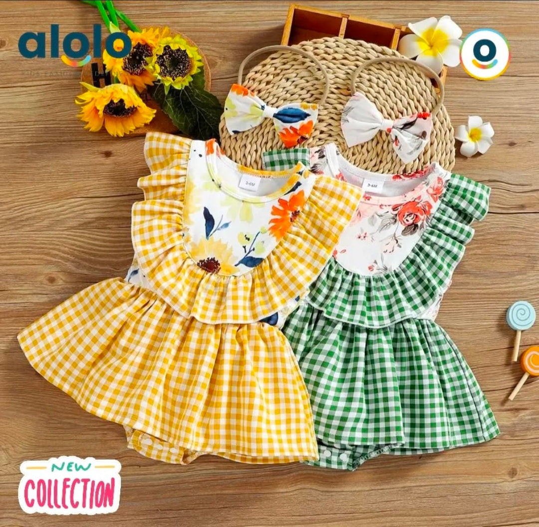 Baby Cotton Solid & Floral-print Spliced Lace Flutter-sleeve Romper with Headband Set