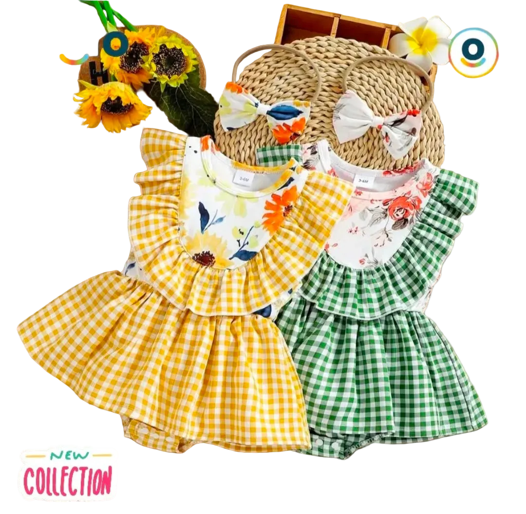 Baby Cotton Solid & Floral-print Spliced Lace Flutter-sleeve Romper with Headband Set