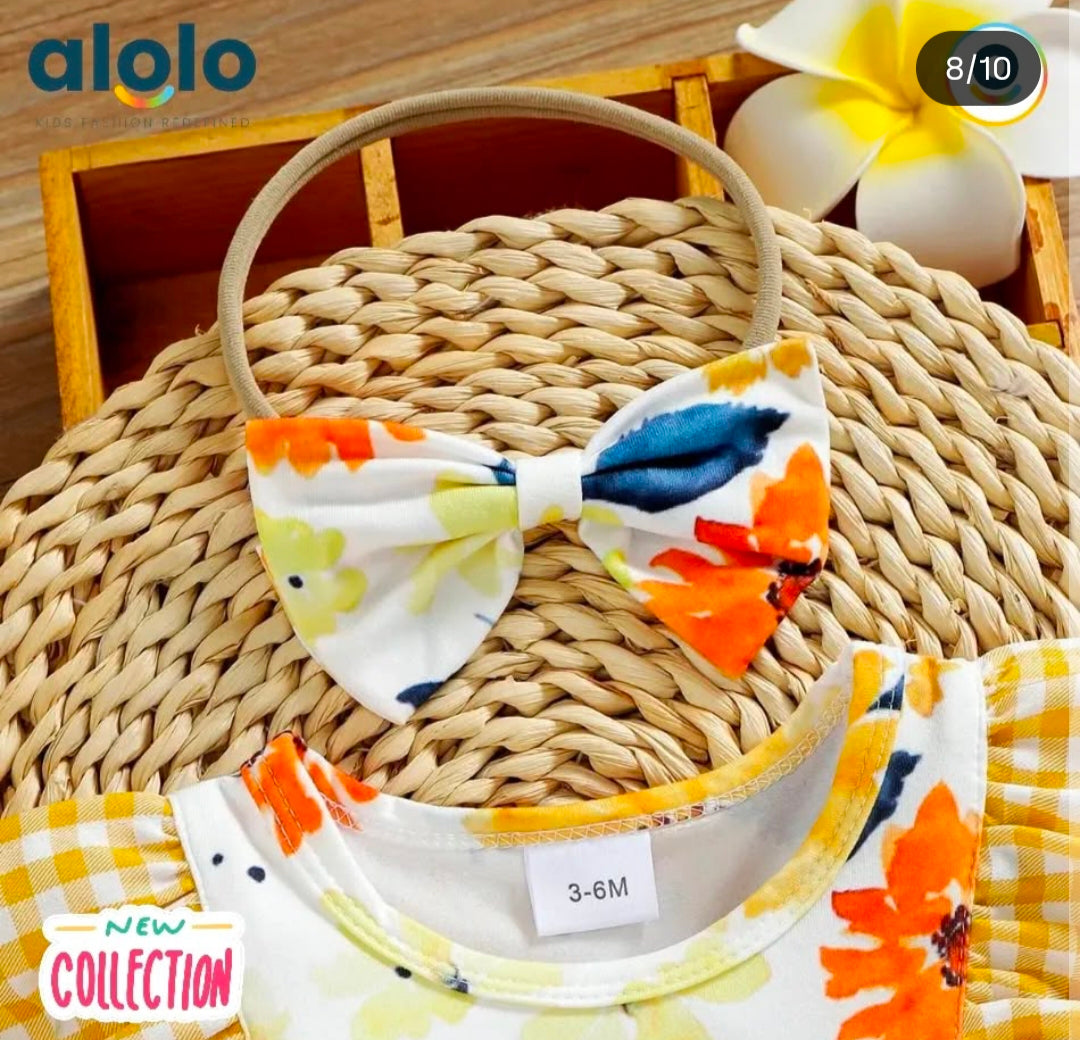 Baby Cotton Solid & Floral-print Spliced Lace Flutter-sleeve Romper with Headband Set