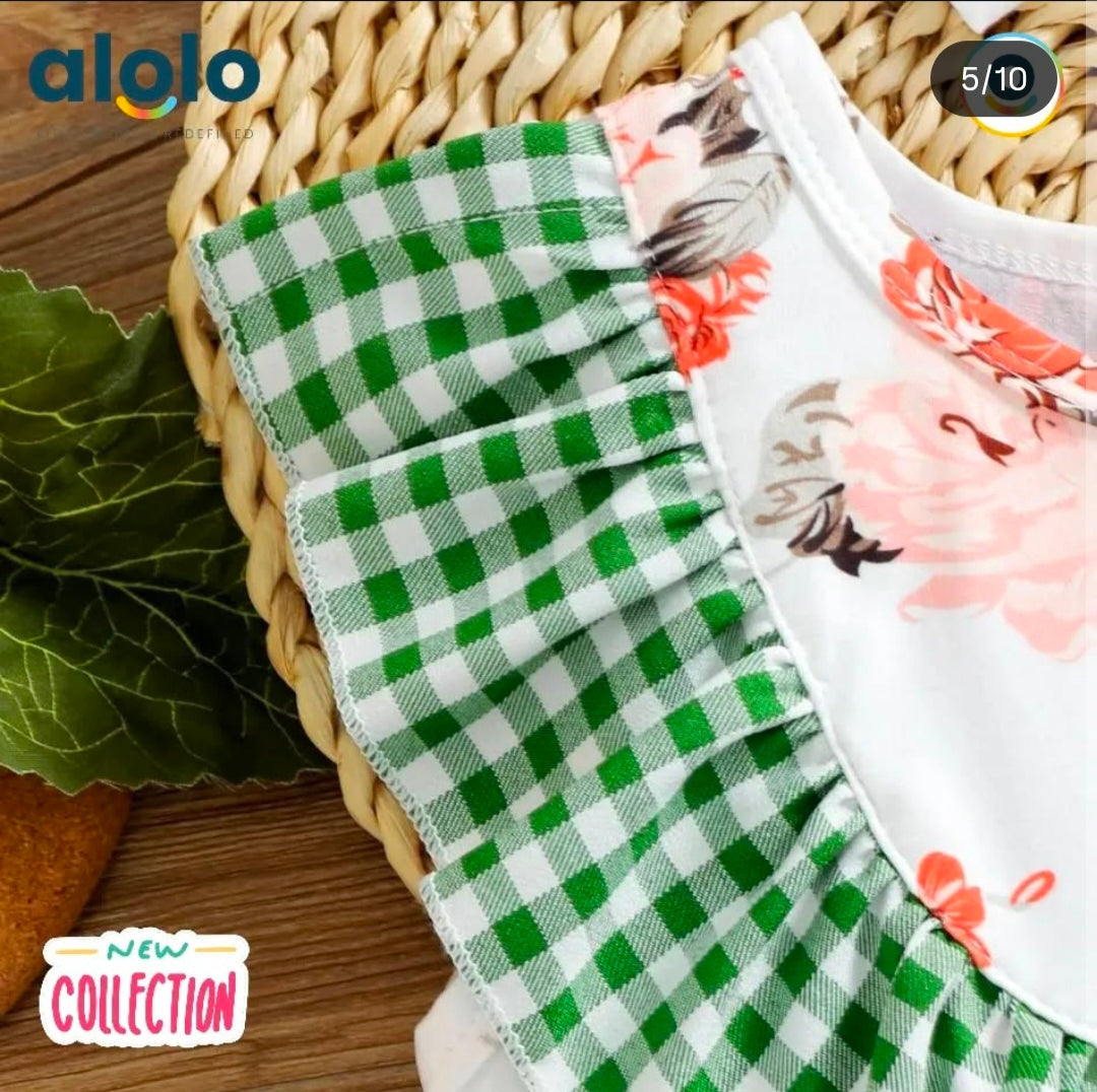 Baby Cotton Solid & Floral-print Spliced Lace Flutter-sleeve Romper with Headband Set