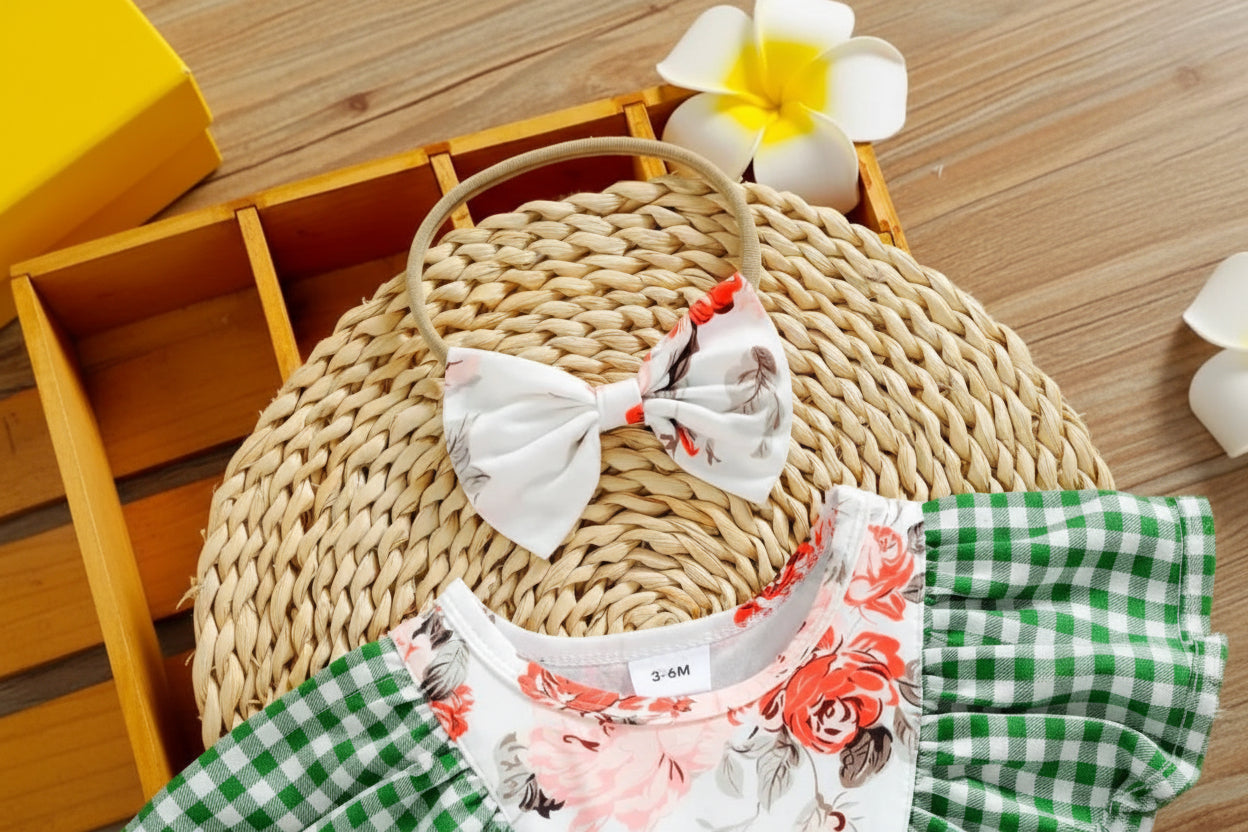 Baby Cotton Solid & Floral-print Spliced Lace Flutter-sleeve Romper with Headband Set