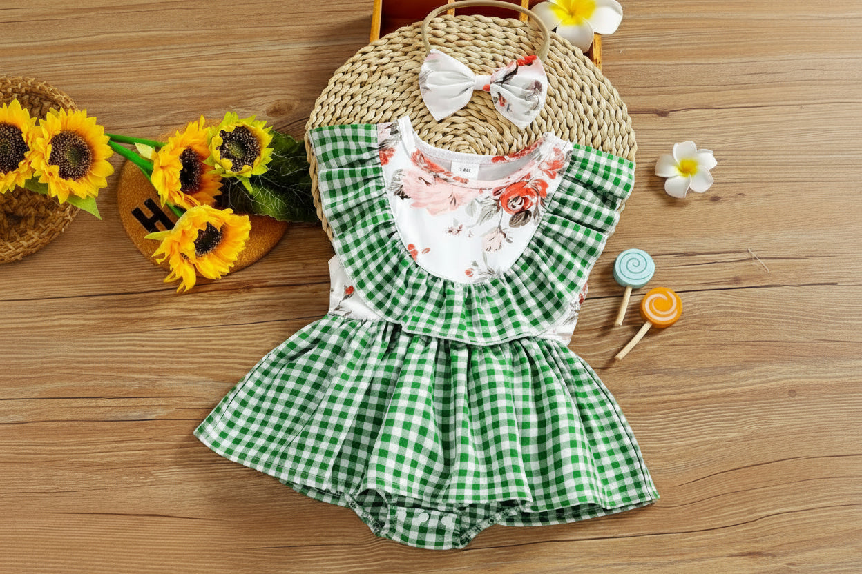 Baby Cotton Solid & Floral-print Spliced Lace Flutter-sleeve Romper with Headband Set