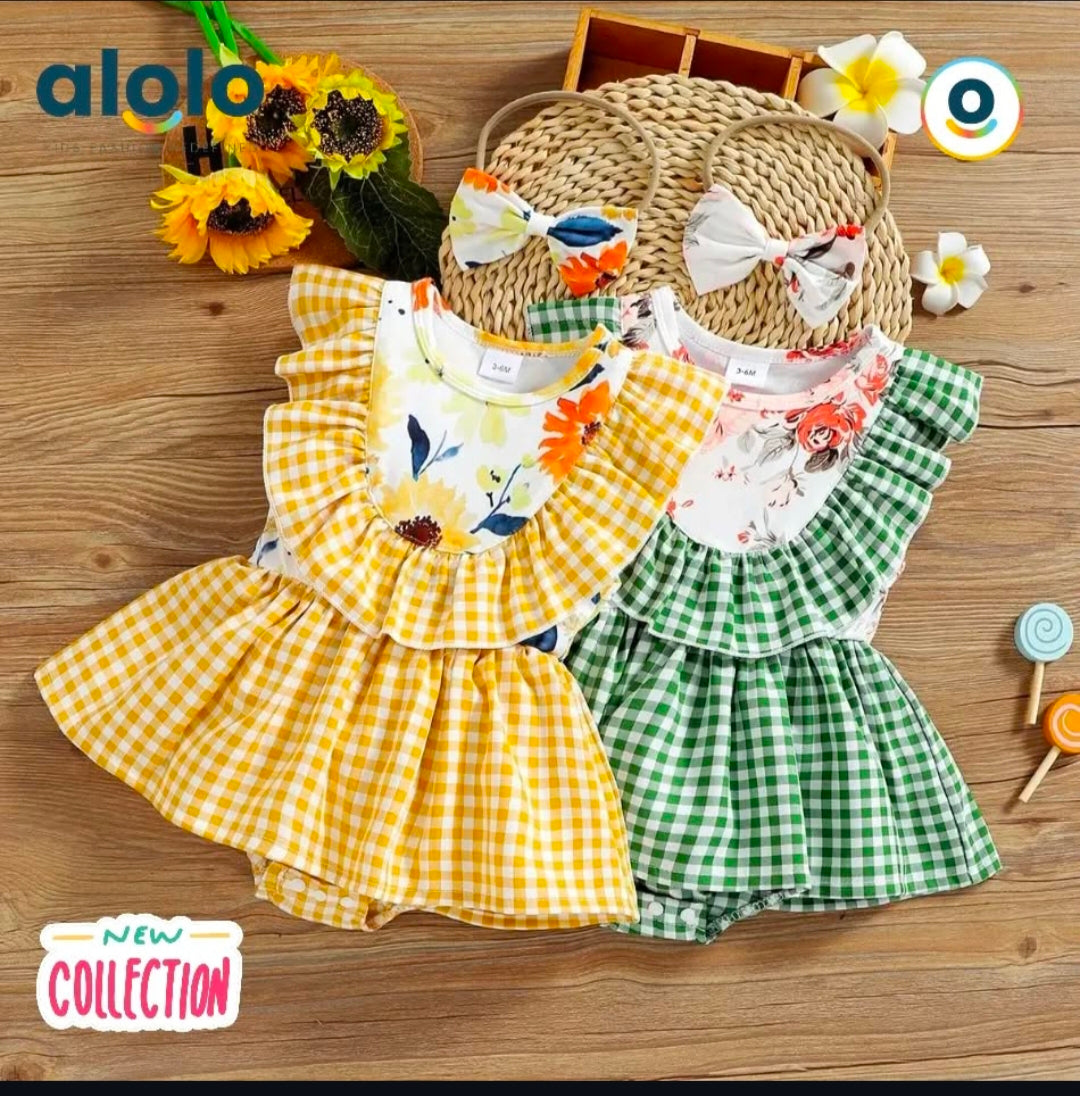 Baby Cotton Solid & Floral-print Spliced Lace Flutter-sleeve Romper with Headband Set