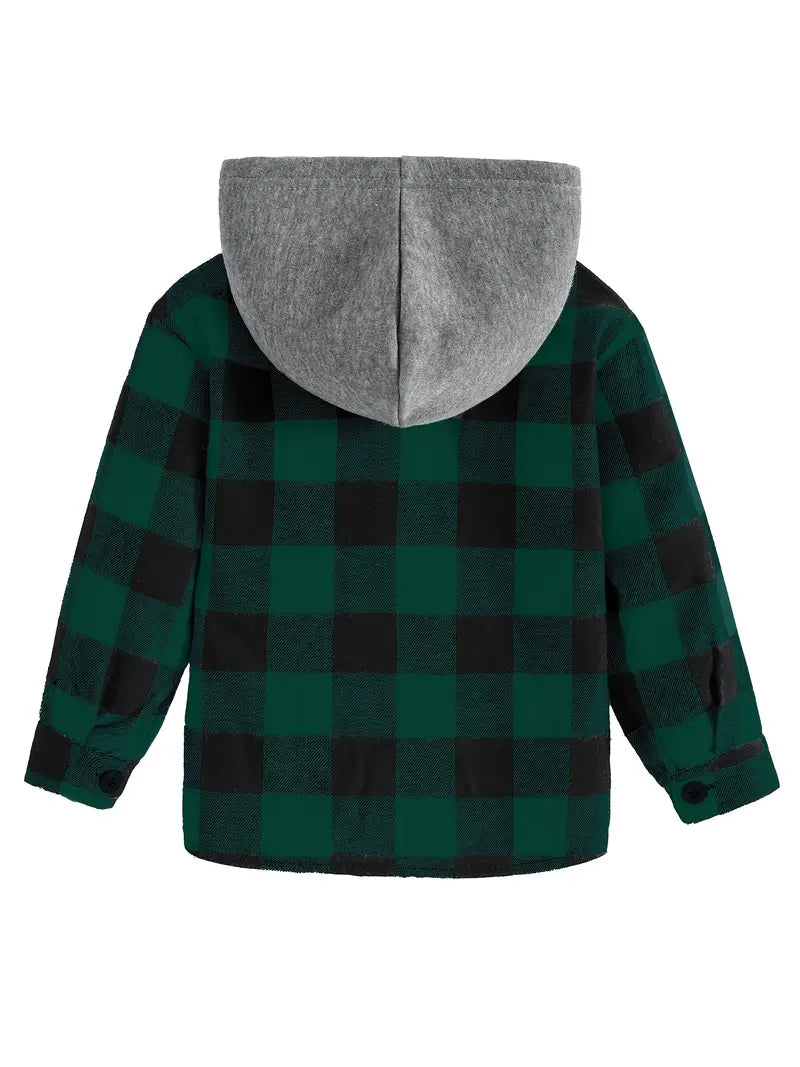 Boys Green Plaid Hooded Shirt Jacket – Button-Up Flannel with Contrast Hood