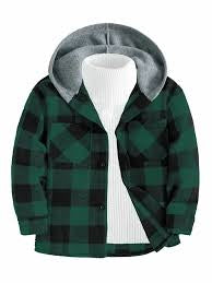 Boys Green Plaid Hooded Shirt Jacket – Button-Up Flannel with Contrast Hood