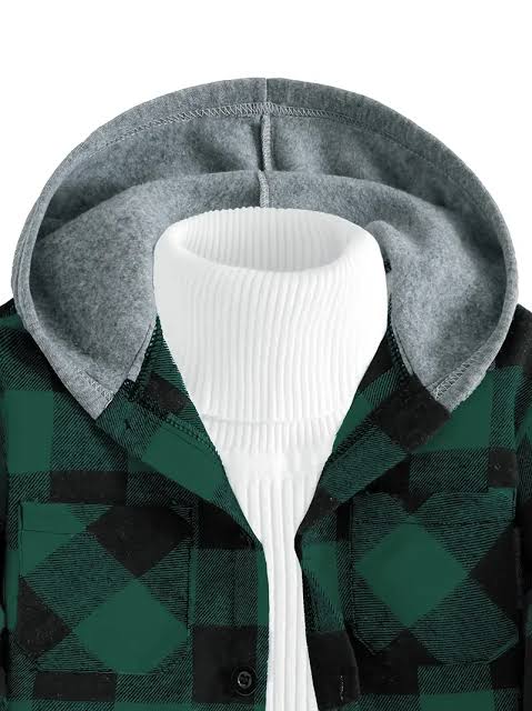 Boys Green Plaid Hooded Shirt Jacket – Button-Up Flannel with Contrast Hood