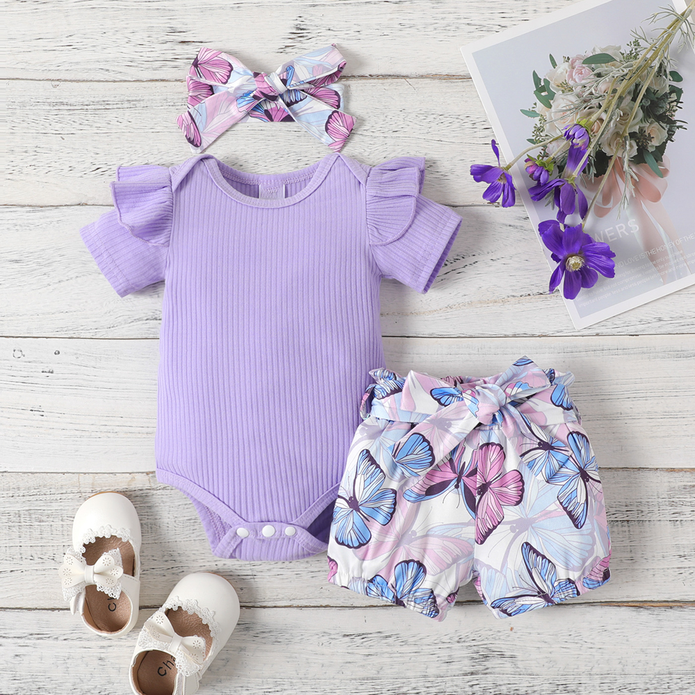 3pcs Baby Girl Ribbed Romper & Belted Shorts & Headband Set Purple