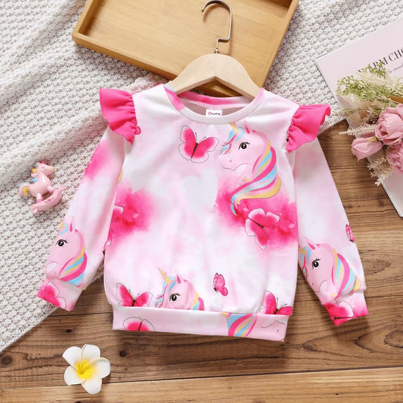 Toddler Girl Clothes Baby Girl Sweatshirt Long Sleeves Animal Unicorn Butterfly Print Ruffled Pullover