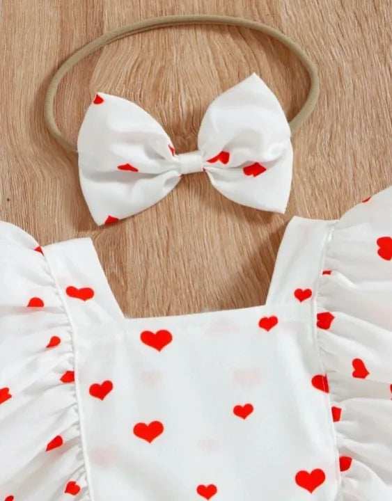 Baby Solid heart print Spliced Lace Flutter-sleeve Romper with Headband Set