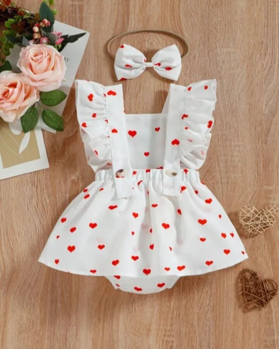 Baby Solid heart print Spliced Lace Flutter-sleeve Romper with Headband Set