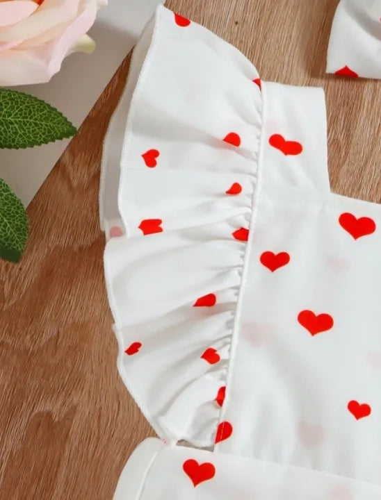 Baby Solid heart print Spliced Lace Flutter-sleeve Romper with Headband Set