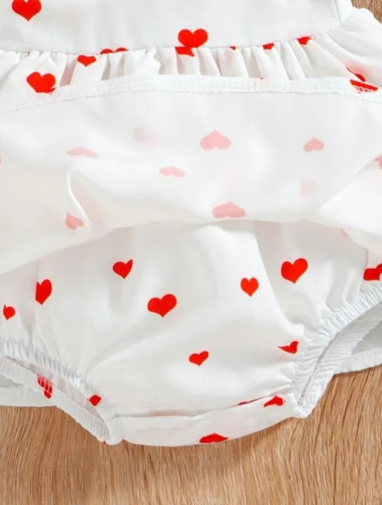 Baby Solid heart print Spliced Lace Flutter-sleeve Romper with Headband Set