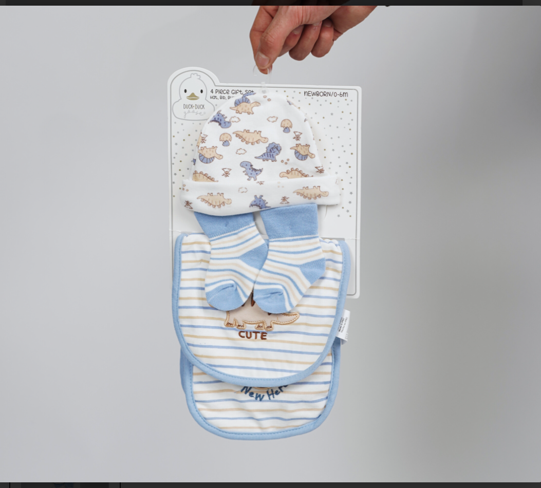 Duck Duck Goose 4-piece set Caps, Bib, Burb cloth and Socks "Dinosaur"(042Lh)