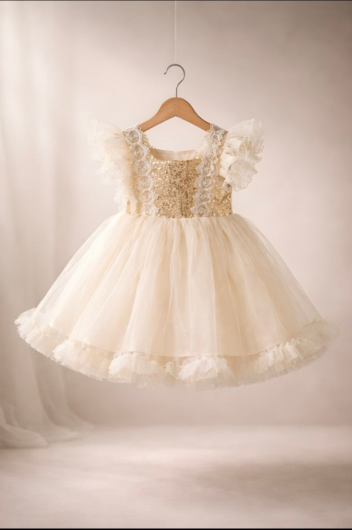 Elegant Toddler Girl Party Dress – Cream Tulle Dress with Sparkle Top(042LR)