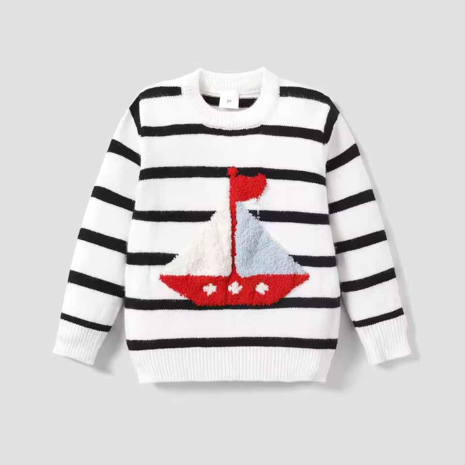 Toddler Boy Sailboat Pattern Stripe Knit Sweater