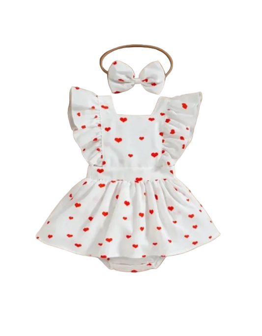 Baby Solid heart print Spliced Lace Flutter-sleeve Romper with Headband Set