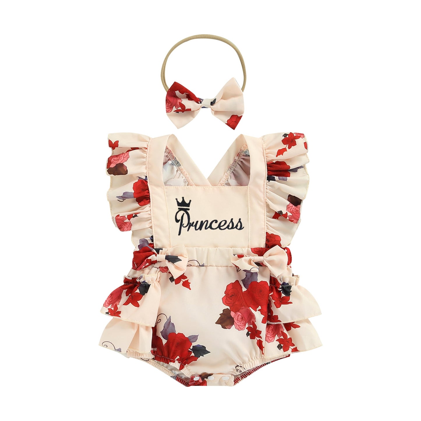 Girls Two-Piece Outfits, Flower Print Flying Sleeve Square Neck Bodysuit and  Decorative Bow Headband