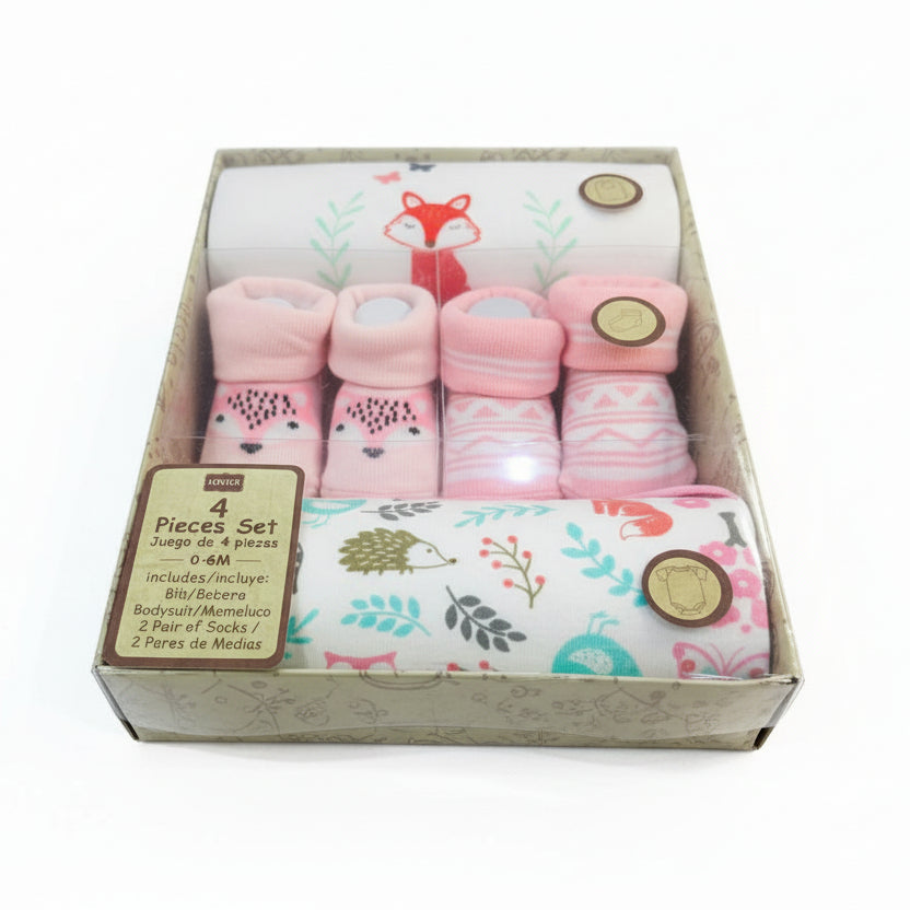 Aifeier 4-piece set Body suit, Bib and Socks "Fox"(042Lh)