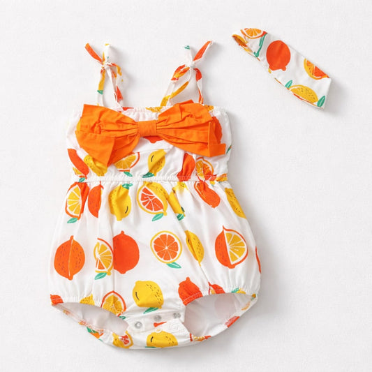 Baby Girls Citrus Fruit Print Bow Romper with Matching Headband