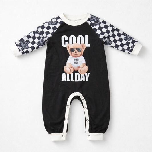 Baby Boys Black Cool Teddy Bear Long Sleeve Romper