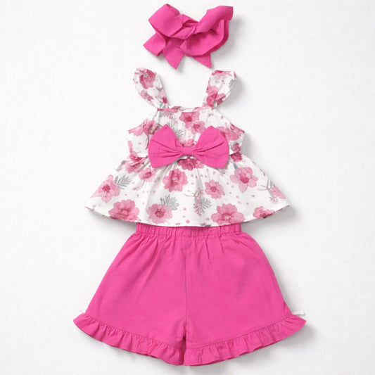 Baby Girls Pink Floral Top and Shorts Set with Matching Headband