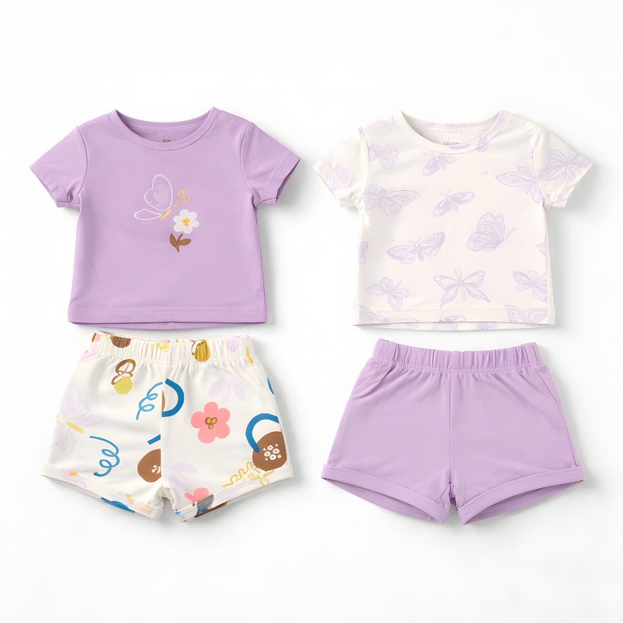 Girls 4-Piece Butterfly Cotton Summer Outfit Set – 2 T-Shirts & 2 Shorts- Purple and White 042LH