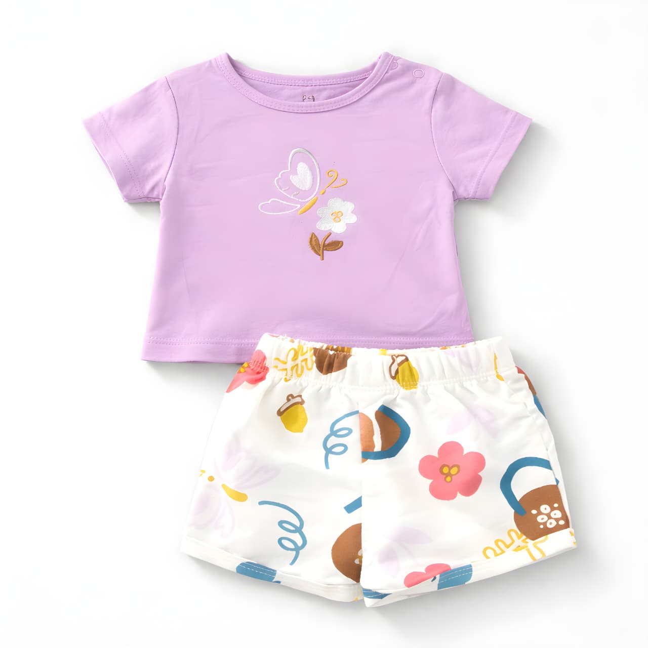 Girls 4-Piece Butterfly Cotton Summer Outfit Set – 2 T-Shirts & 2 Shorts- Purple and White 042LH