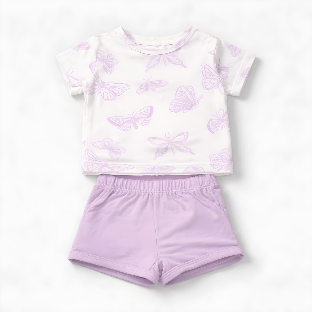 Girls 4-Piece Butterfly Cotton Summer Outfit Set – 2 T-Shirts & 2 Shorts- Purple and White 042LH