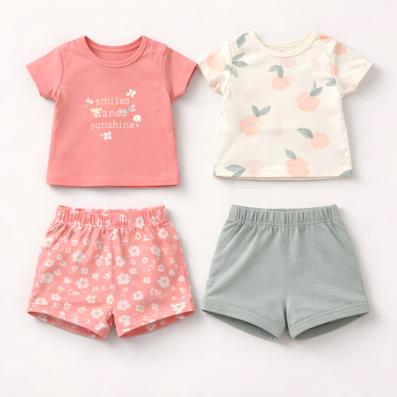 Girls 4-Piece Floral Cotton Summer Outfit Set – 2 T-Shirts & 2 Shorts- Pink and Green 042LH