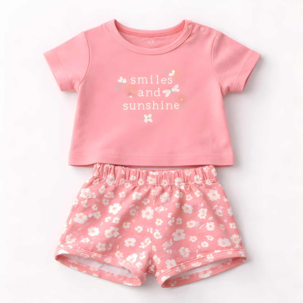 Girls 4-Piece Floral Cotton Summer Outfit Set – 2 T-Shirts & 2 Shorts- Pink and Green 042LH