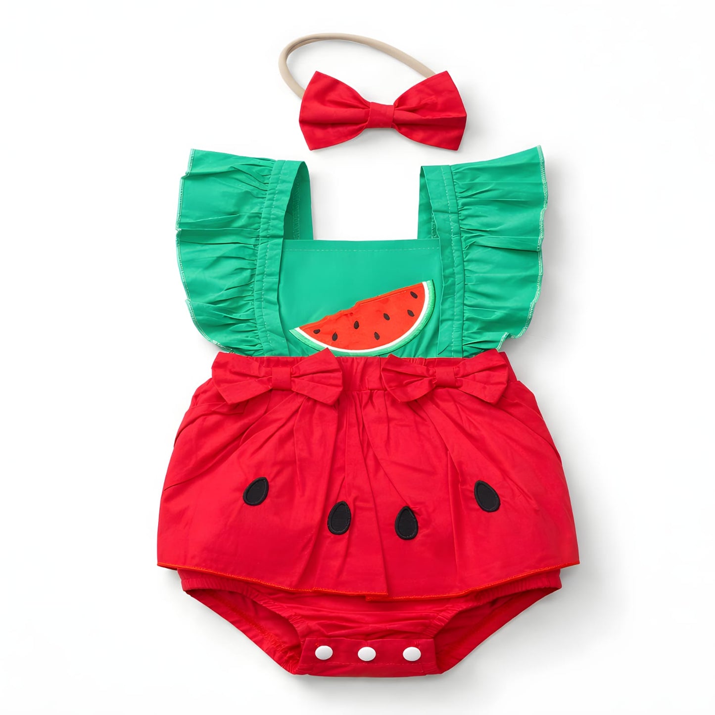 Baby Girls Watermelon Ruffle Romper with Matching Bow Headband