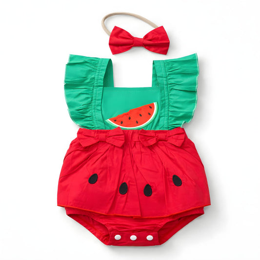 Baby Girls Watermelon Ruffle Romper with Matching Bow Headband