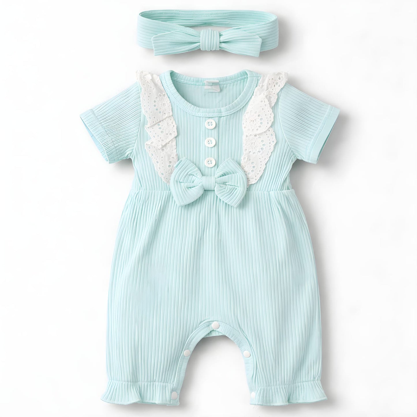 Baby Girls Mint Blue Ribbed Romper with Lace Ruffles and Matching Headband