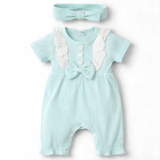 Baby Girls Mint Blue Ribbed Romper with Lace Ruffles and Matching Headband