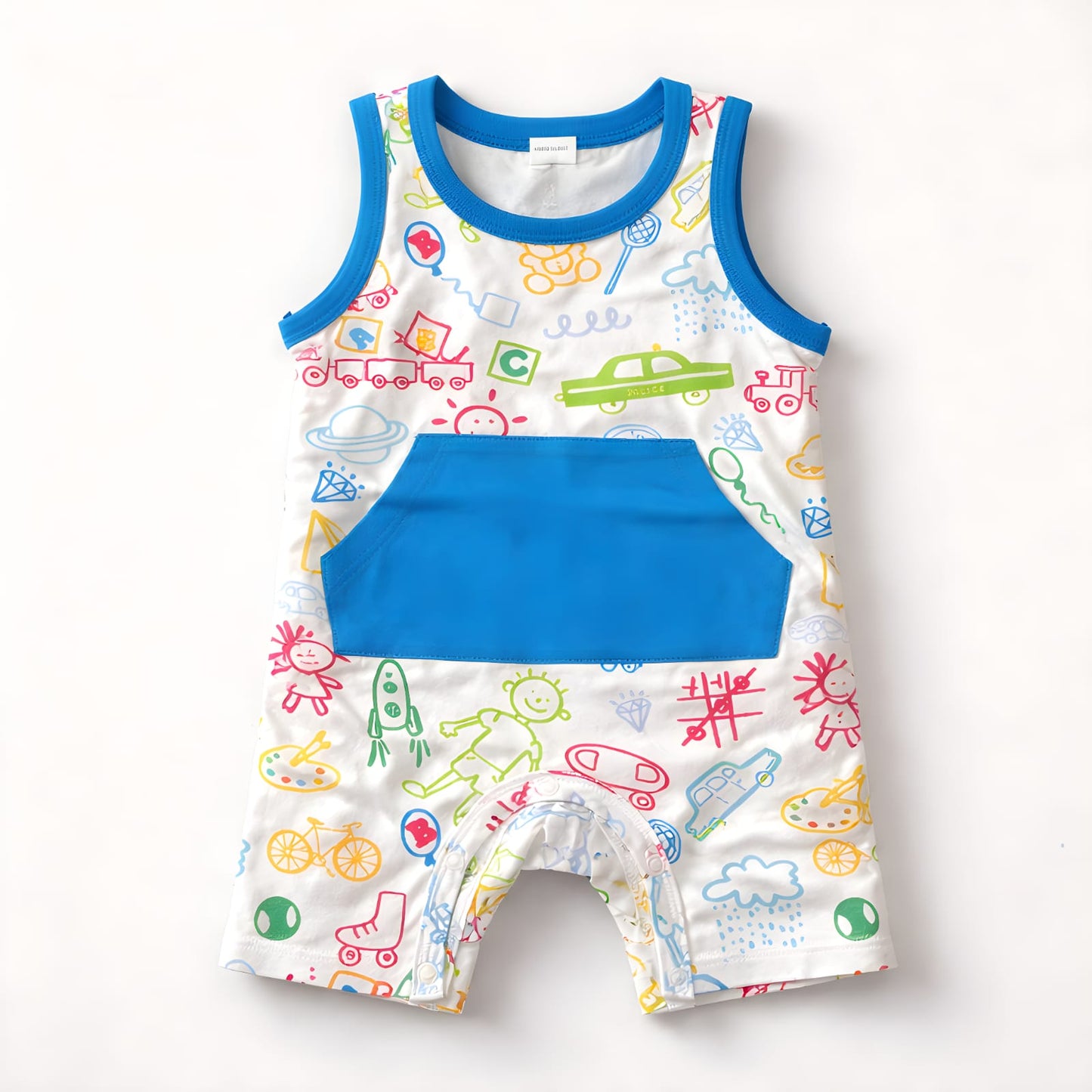 Baby Boys White Doodle Print Sleeveless Romper with Blue Pocket
