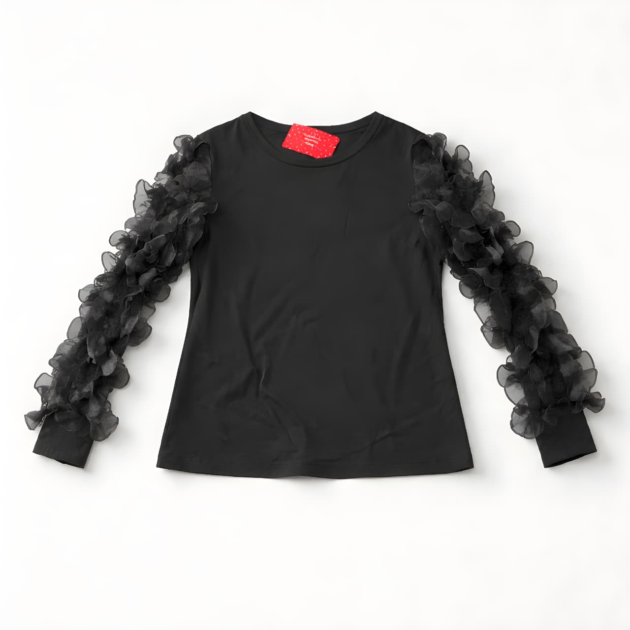 Girls Black Long Sleeve Top with 3D Floral Ruffle Sleeves